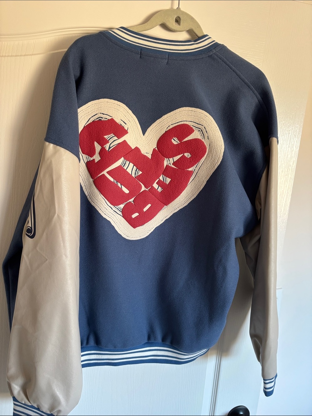 Women’s Blue and Cream Varsity Jacket with Red Heart Graphic